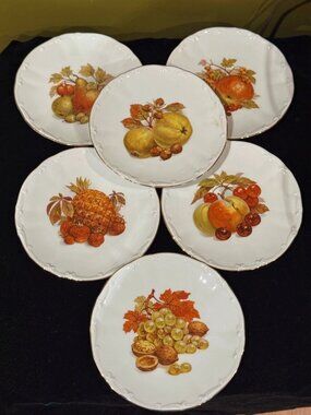 Rare 6 Bareuther Waldsassen Bavaria Fruit Gold Rim 7.75" Plates Set